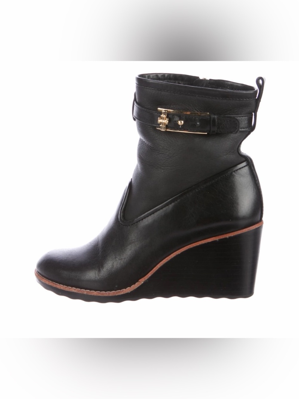 Tory Burch Primrose Wedge Ankle Booties Black Leather with Gold Buckle